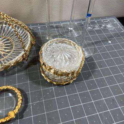 Gold Trim and GLASS: Ashtray, Candle Holder, Coasters
