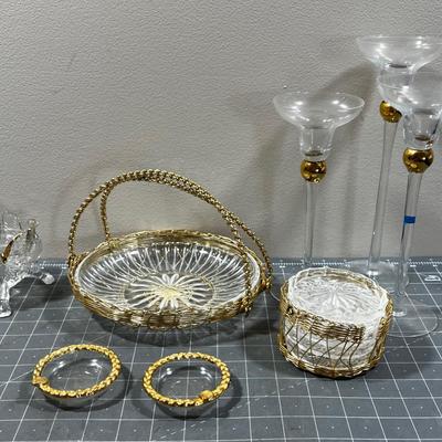 Gold Trim and GLASS: Ashtray, Candle Holder, Coasters