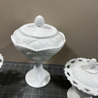 3 Covered Milk Glass Compotes