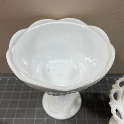 3 Covered Milk Glass Compotes