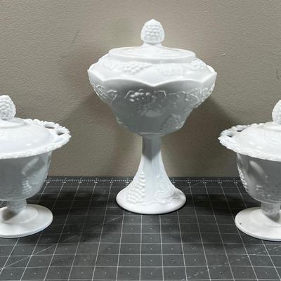 3 Covered Milk Glass Compotes
