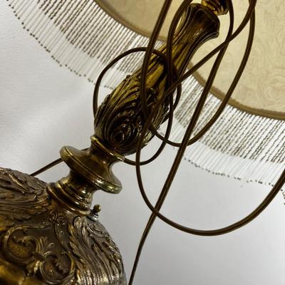 Large Brass Lamp with Satin Fringe Shade 