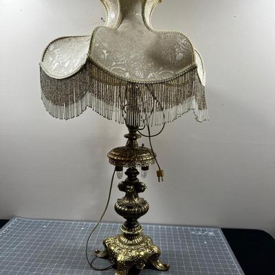 Large Brass Lamp with Satin Fringe Shade 
