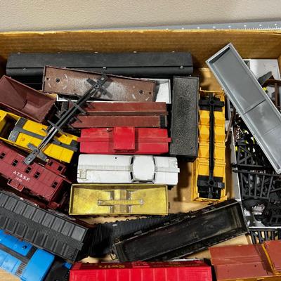Box of HO Scale Box Cars, Bridge Parts, Cabooses 