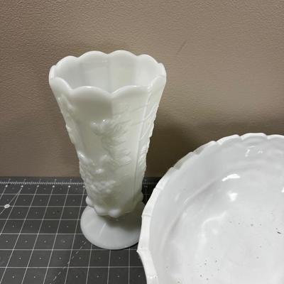 Milk Glass 2 Vases and a Bowl