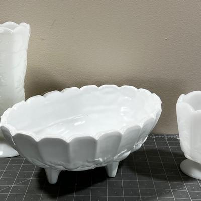 Milk Glass 2 Vases and a Bowl