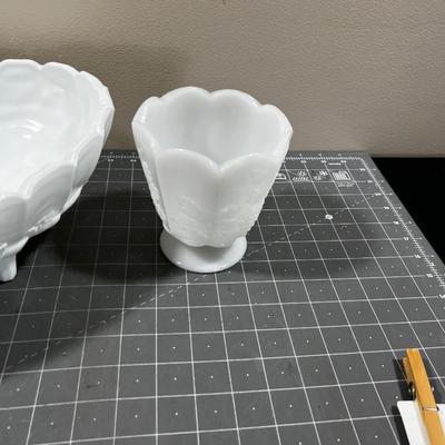 Milk Glass 2 Vases and a Bowl