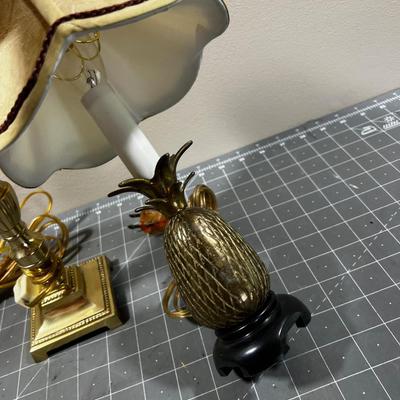 2 Small Brass Lamps Pineapple and Candle Stick Looking