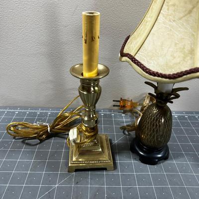 2 Small Brass Lamps Pineapple and Candle Stick Looking