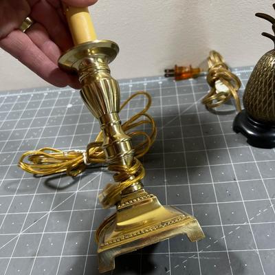 2 Small Brass Lamps Pineapple and Candle Stick Looking