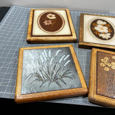 4 Tile Trivets or Framed Wall Plaques VINTAGE 