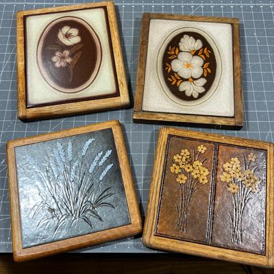 4 Tile Trivets or Framed Wall Plaques VINTAGE 