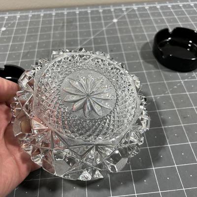 Crystal and 2 Black Glass Ash Trays