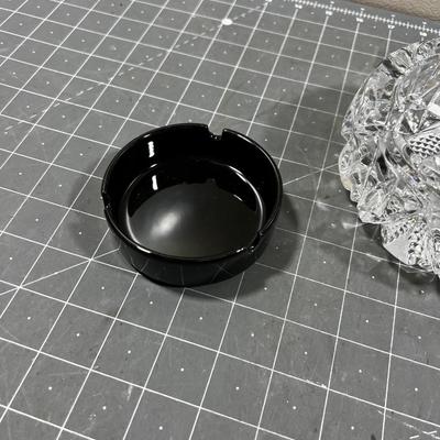 Crystal and 2 Black Glass Ash Trays