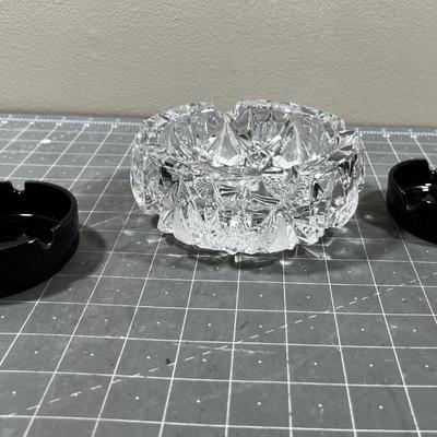 Crystal and 2 Black Glass Ash Trays