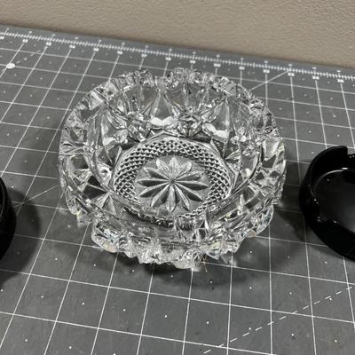 Crystal and 2 Black Glass Ash Trays