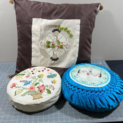 3 Pillows: 2 Asian Satin and 1 Cotton Crewel 