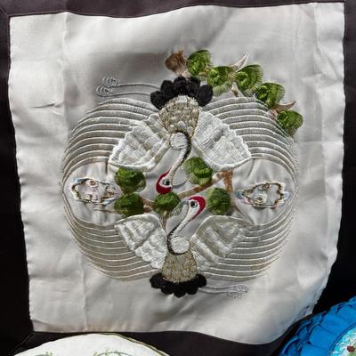 3 Pillows: 2 Asian Satin and 1 Cotton Crewel 