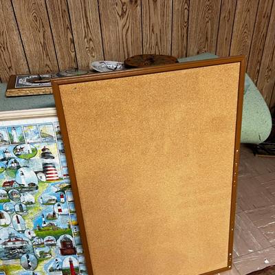 Framed Built Lighthouse Puzzle and a cork Board