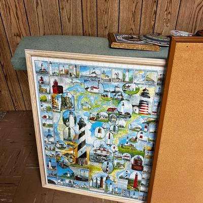 Framed Built Lighthouse Puzzle and a cork Board
