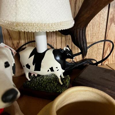 Wood Lot of Dolphins, Cow Lamp and Dalmatian. 