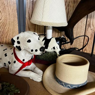 Wood Lot of Dolphins, Cow Lamp and Dalmatian. 