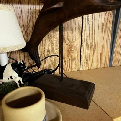 Wood Lot of Dolphins, Cow Lamp and Dalmatian. 