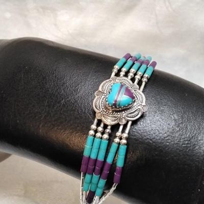 Purple Turquoise And Turquoise Zuni Lapidary Art Liquid Sterling Silver 6.5" Bracelet