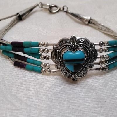 Purple Turquoise And Turquoise Zuni Lapidary Art Liquid Sterling Silver 6.5" Bracelet