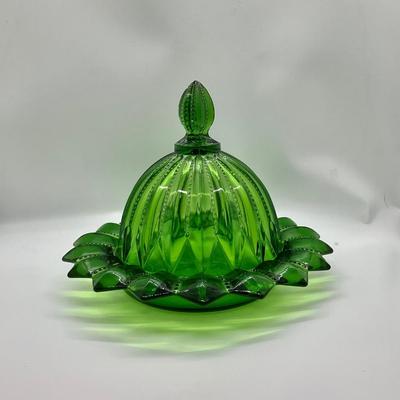 Vintage Emerald Green Covered Butter Dish