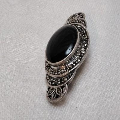 Vintage Italian Onyx and Marcasite 925 Brooch