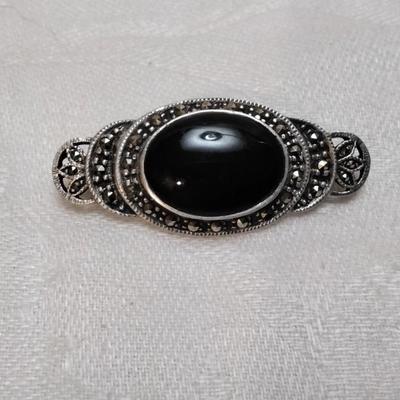 Vintage Italian Onyx and Marcasite 925 Brooch