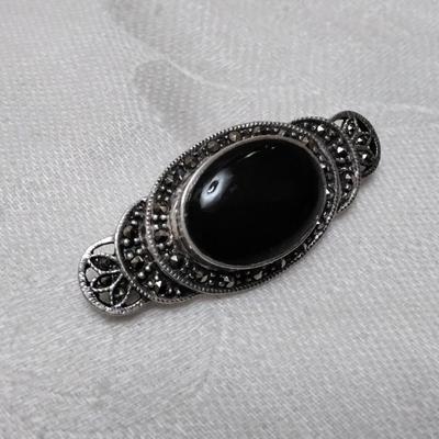 Vintage Italian Onyx and Marcasite 925 Brooch