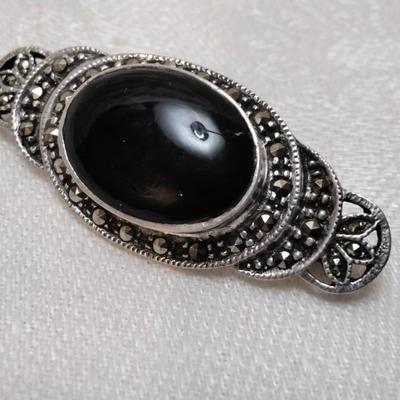 Vintage Italian Onyx and Marcasite 925 Brooch