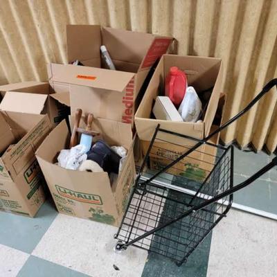 8 boxes of misc. items and metal cart