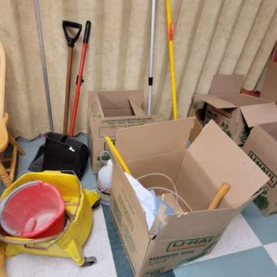Cleaning supplies, mop bucket and more