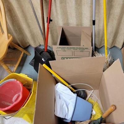 Cleaning supplies, mop bucket and more