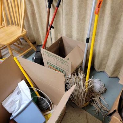 Cleaning supplies, mop bucket and more
