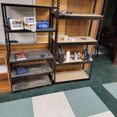 Two metal shelves and all items on them