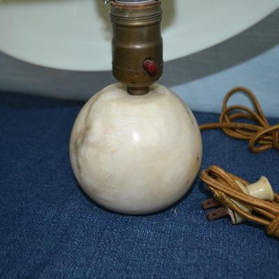 LOT 316. PAIR OF 12" MUSHROOM LAMPS WITH PLASTIC SHADE AND STONE BASE
