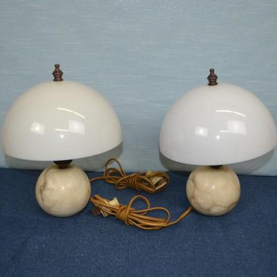 LOT 316. PAIR OF 12" MUSHROOM LAMPS WITH PLASTIC SHADE AND STONE BASE