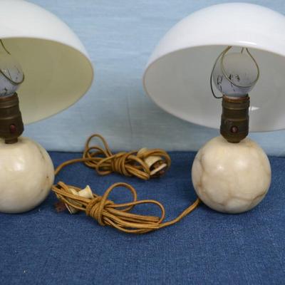 LOT 316. PAIR OF 12" MUSHROOM LAMPS WITH PLASTIC SHADE AND STONE BASE