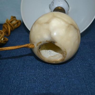 LOT 316. PAIR OF 12" MUSHROOM LAMPS WITH PLASTIC SHADE AND STONE BASE