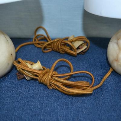 LOT 316. PAIR OF 12" MUSHROOM LAMPS WITH PLASTIC SHADE AND STONE BASE