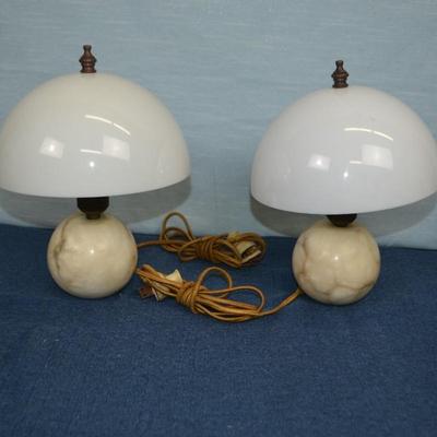 LOT 316. PAIR OF 12" MUSHROOM LAMPS WITH PLASTIC SHADE AND STONE BASE