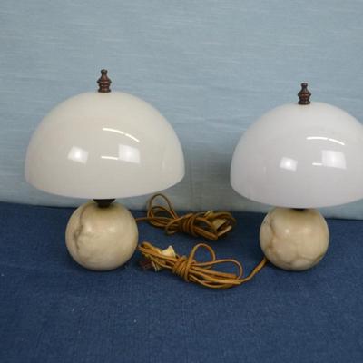 LOT 316. PAIR OF 12" MUSHROOM LAMPS WITH PLASTIC SHADE AND STONE BASE