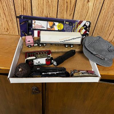 Box full of Mixed Lot of Toys, Trains, Engineers Cap