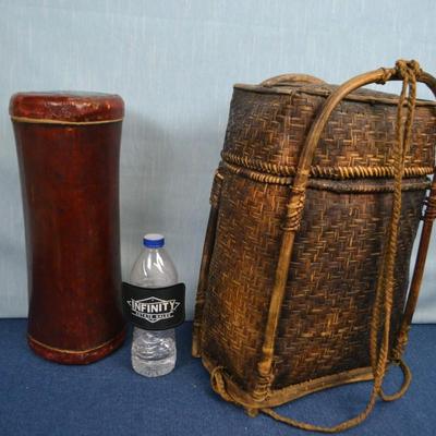LOT 321. TALL BASKET AND HEAD REST/HOME DECOR
