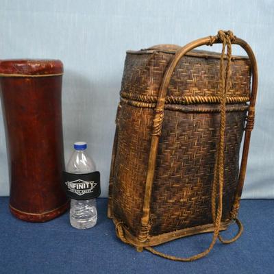 LOT 321. TALL BASKET AND HEAD REST/HOME DECOR