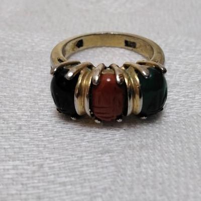 Vintage Scarab Carved Stones Gold Vermeil Ring Size 5